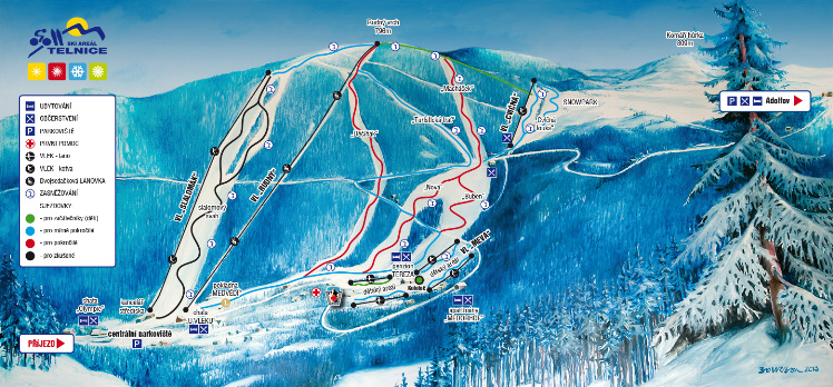 Pistenplan im Skigebiet Zadni Telnice, Erzgebirge, Tschechien. Ein gezeichnete Erklärung für die Skipisten unter www.skilifte-telnice.de