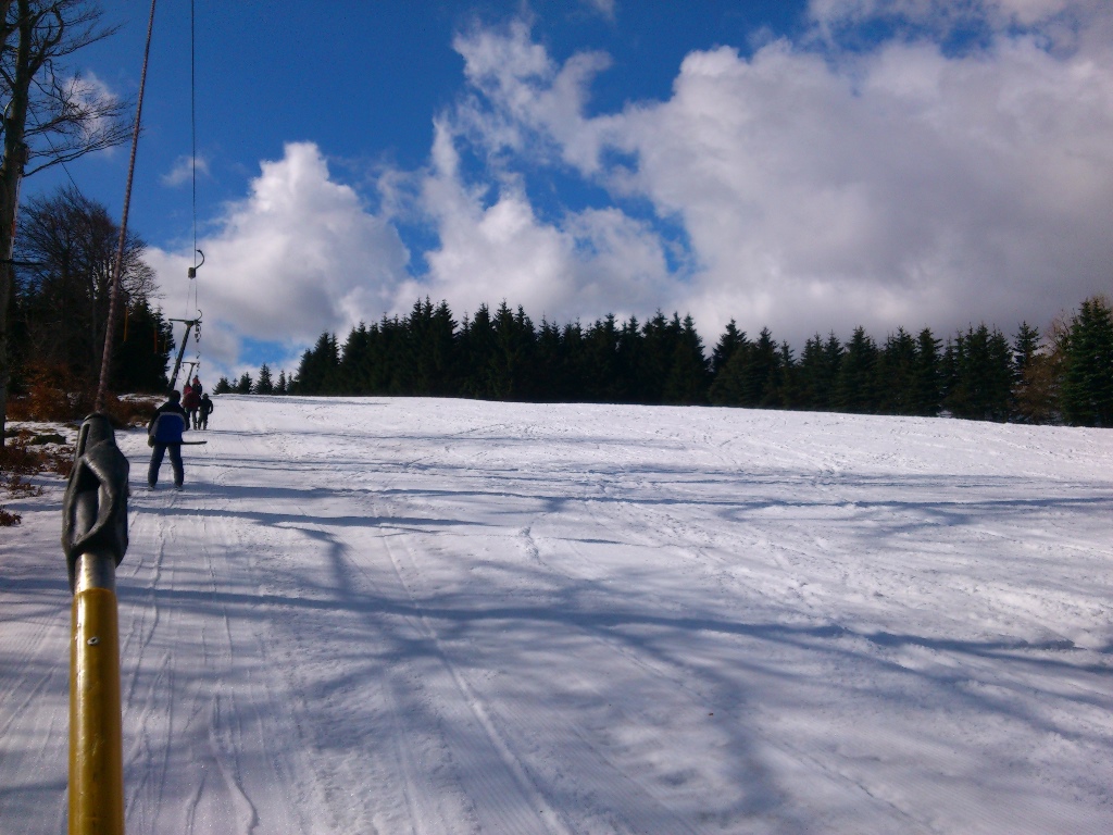 Skifahrer an einem Schlepplift, im Hintergund Grüne Baume, Blauer Himmel mit Wolken